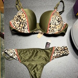 Victoria's Secret Olive Green & Leopard Print Push-Up Bikini Set with Coral Trim